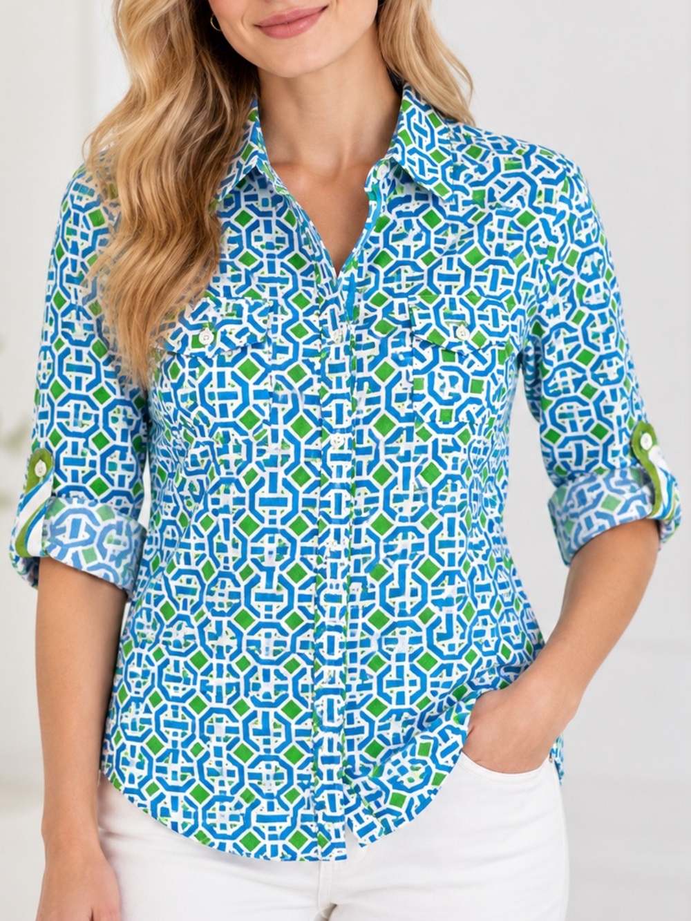 Tizzie by Dizzy Lizzie Blue Green Geometric Button Down Shirt XS Preppy Coastal
